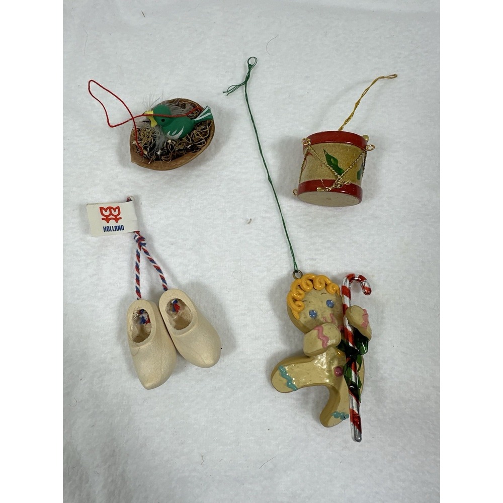 Christmas Ornaments Gingerbread Drum Dutch Wooden Shoes Bluebird Nest Lot 4 Vtg